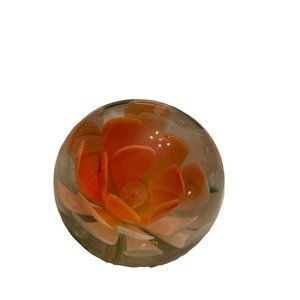 Small Glass Orange Flower Paperweight 2"d x 1.8"h